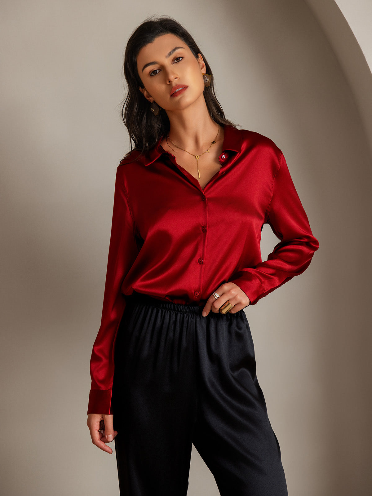 [Rosso] SilkSilky-IT Seta Colletto risvolto Camicie da donna 004