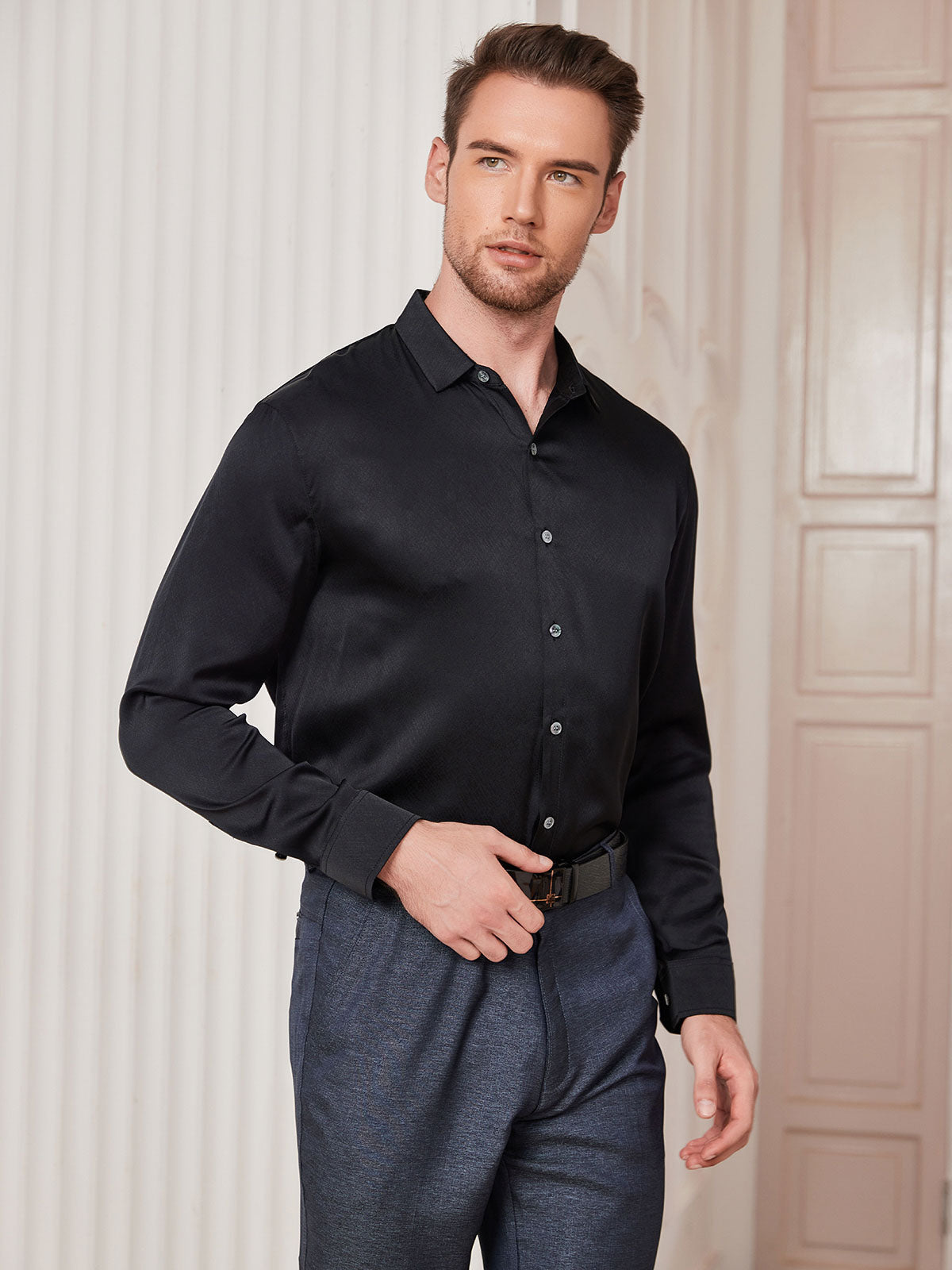 [Nero] SilkSilky-IT Seta Colletto risvolto Camicia da uomo 004