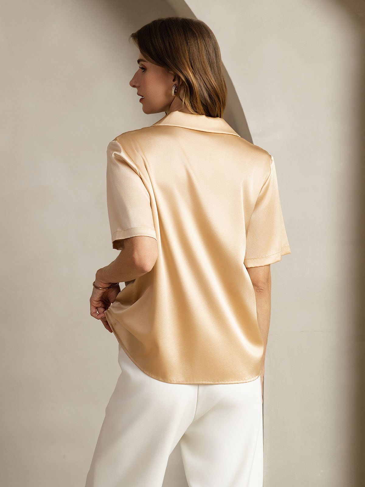 [Champagne] SilkSilky-IT 19Momme Seta Scollo a V dentellato Camicie da donna 002