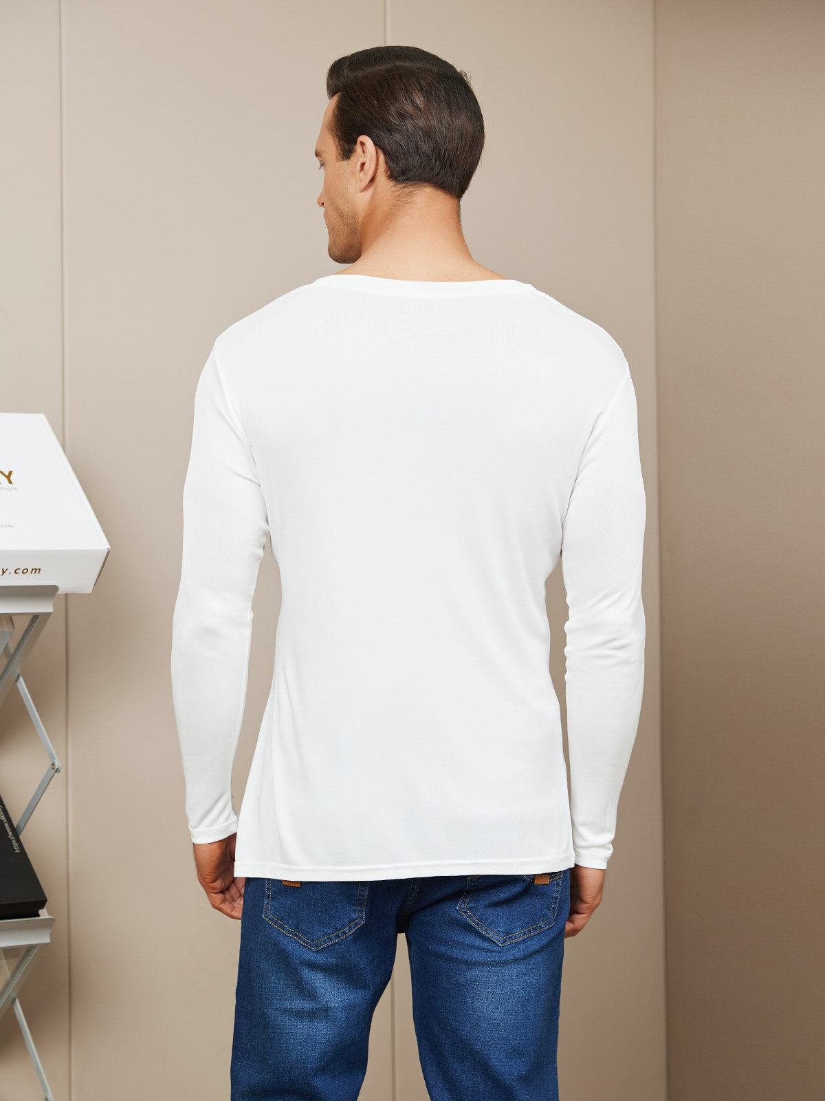 [Bianco] SilkSilky-IT Maglia di seta Manica lunga Collo a V Maglietta da uomo 002