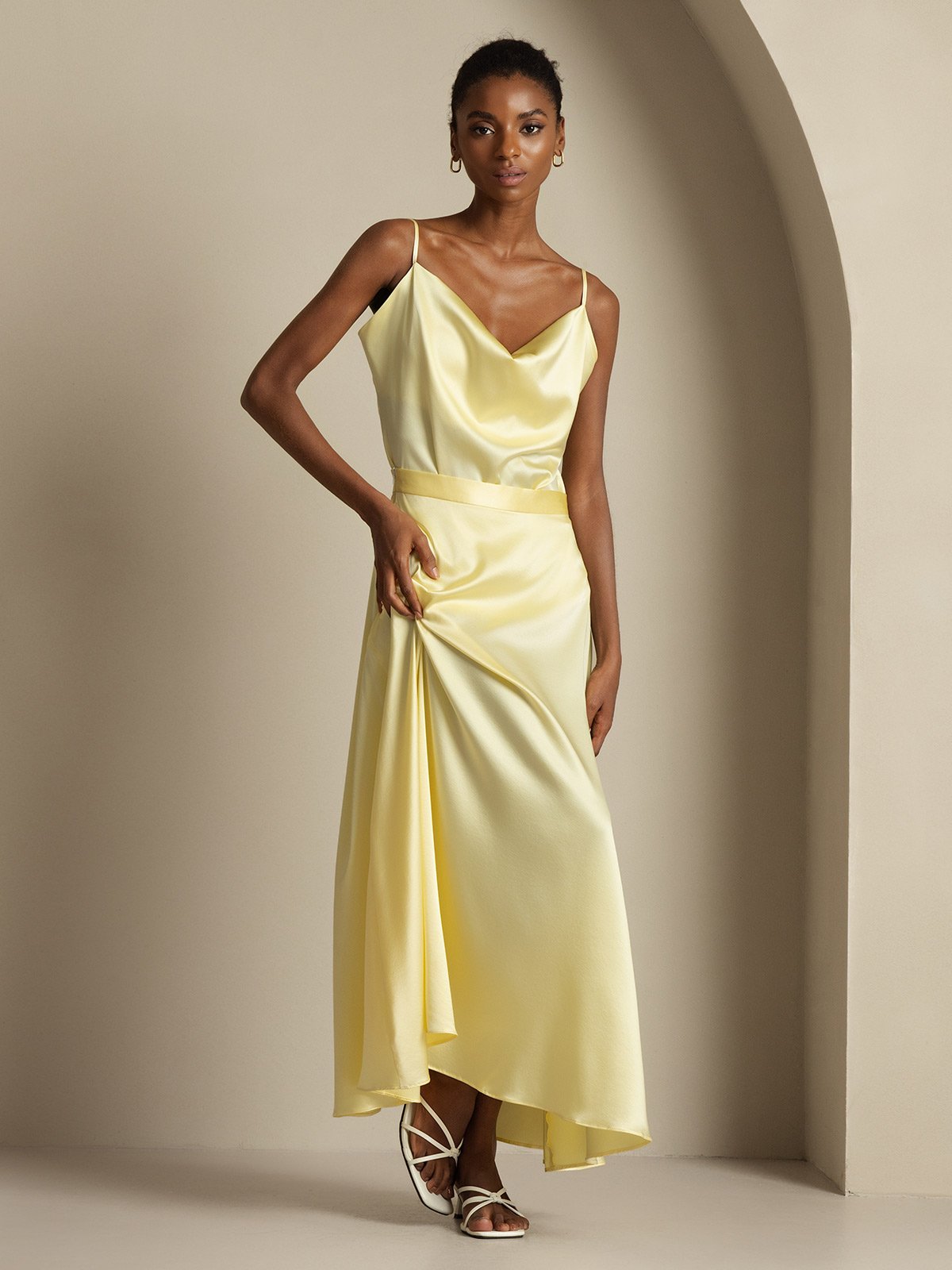 [Giallo Chiaro] SilkSilky-IT 19Momme Tirantes Finos Collo drappeggiato Women''s Outfit Sets 005