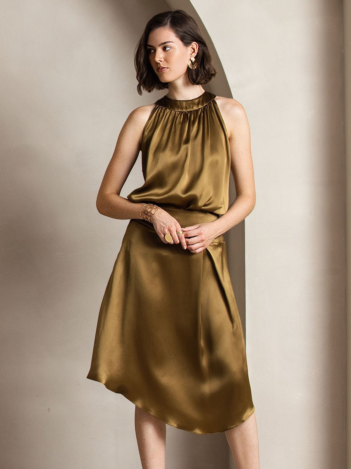 [Marrone] SilkSilky-IT 19Momme Seta Senza maniche Womens T-Shirt 007