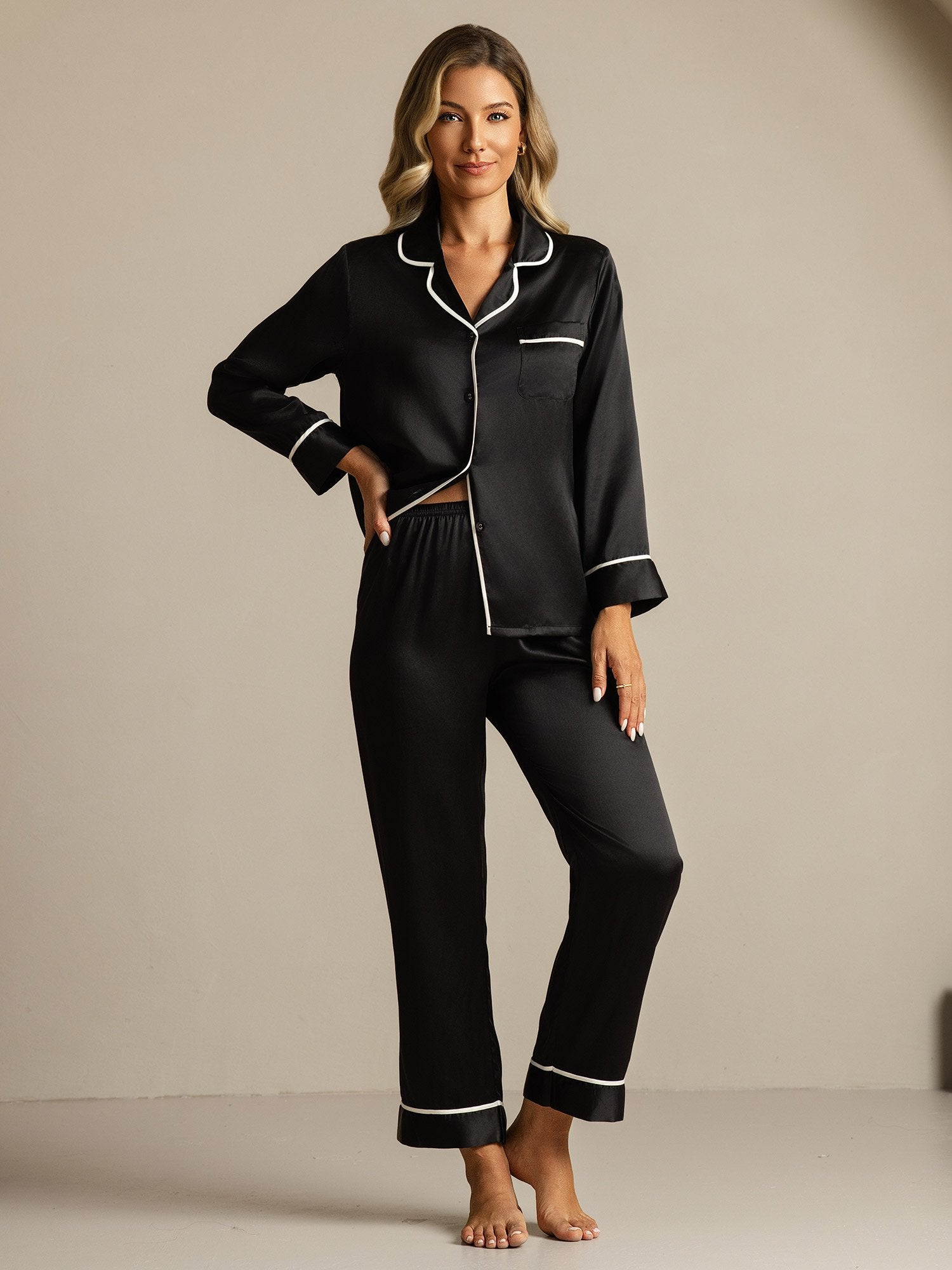 [Nero] SilkSilky-IT Seta pura Colletto risvolto Pigiami da donna 006