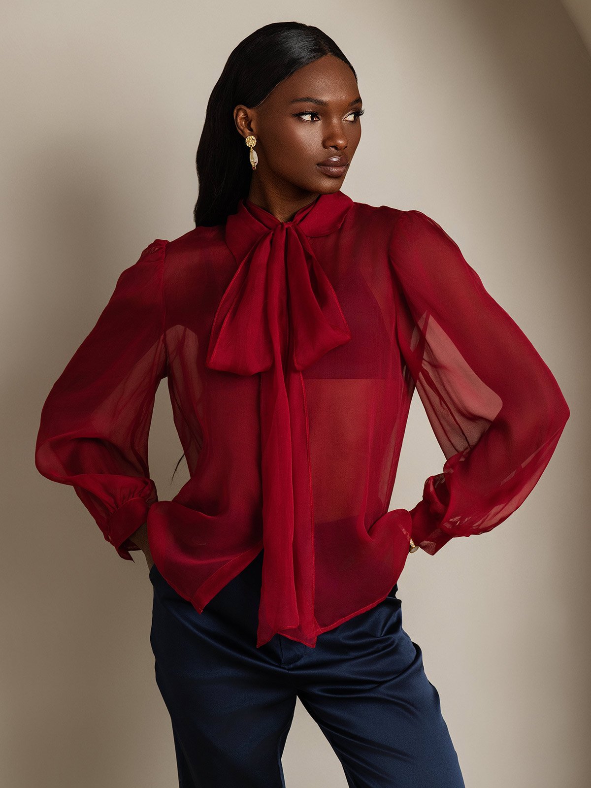 SilkSilky-IT Seta pura Manica lunga Nodo al collo Camicie da donna Vino 001