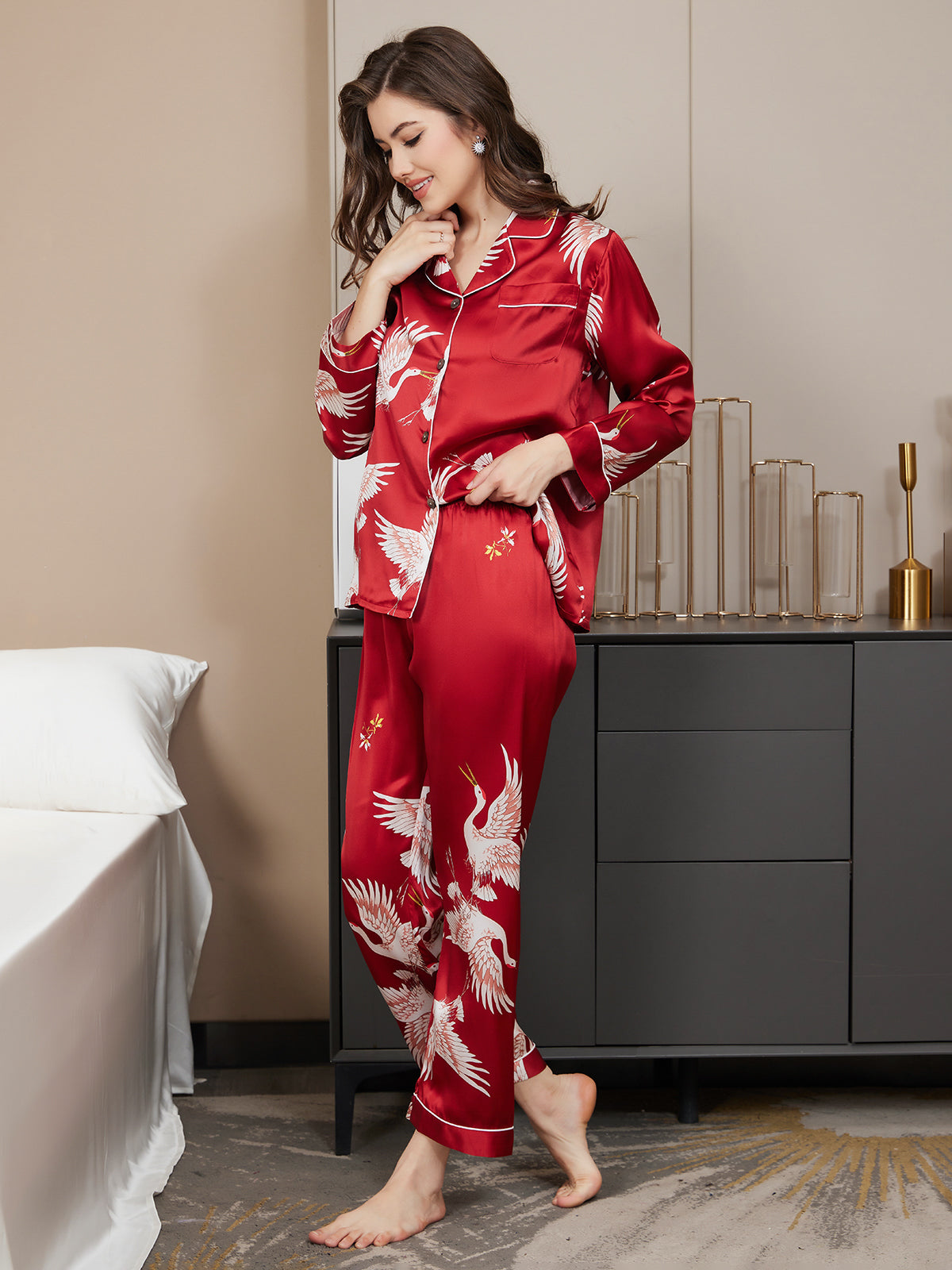 [Rosso Scuro] SilkSilky-IT 19Momme Seta pura Manica lunga Collo risvolto dentellato Pigiami da donna 004