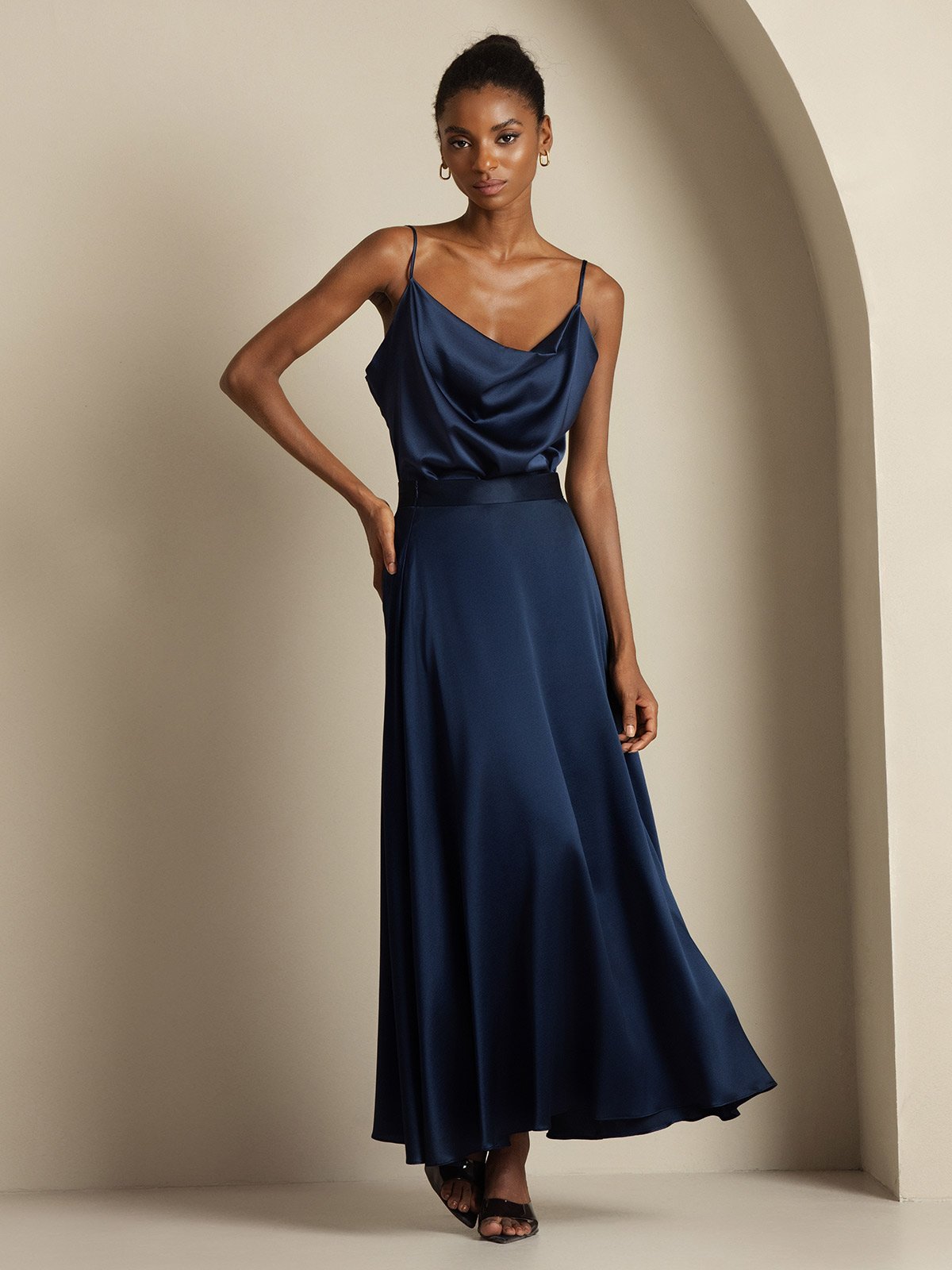 [Blu Scuro] SilkSilky-IT 19Momme Seta Collo drappeggiato Women''s Outfit Sets 007,