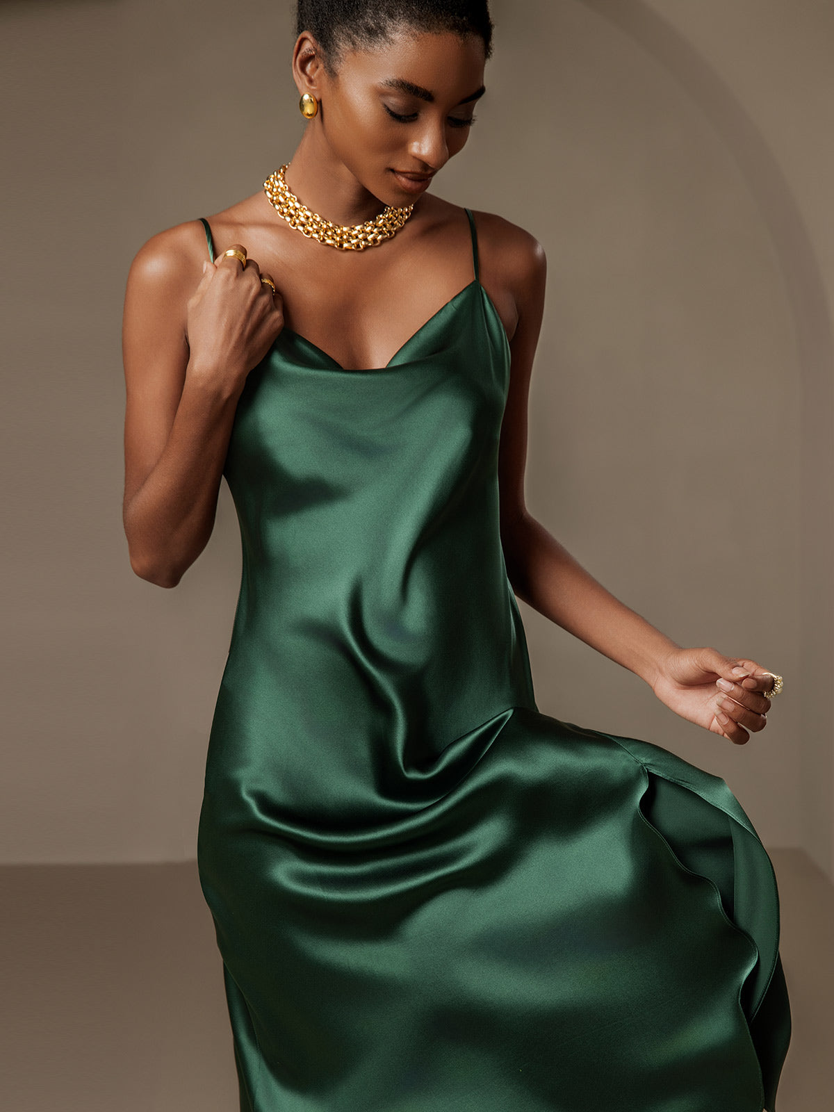 [Verde Scuro] SilkSilky-IT 19Momme Seta pura Collo drappeggiato Vestiti da donna 004