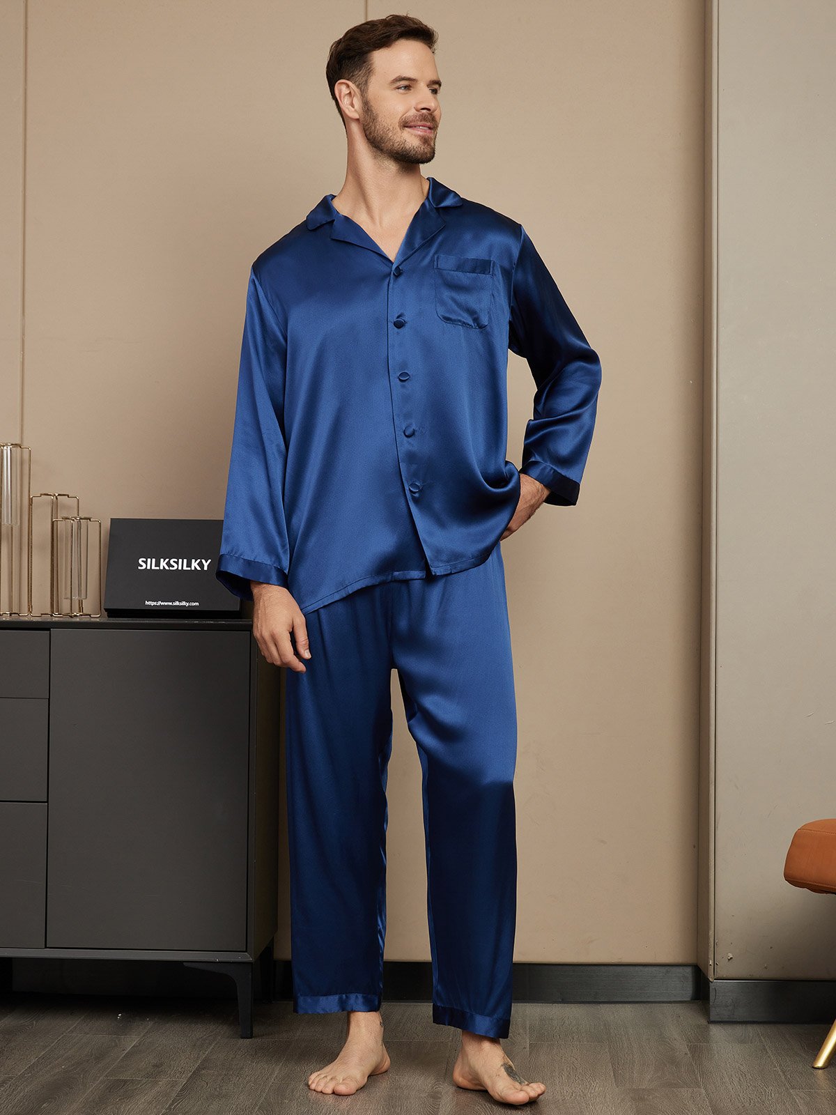[Blu Scuro] SilkSilky-IT Seta pura Mens Pajamas 005