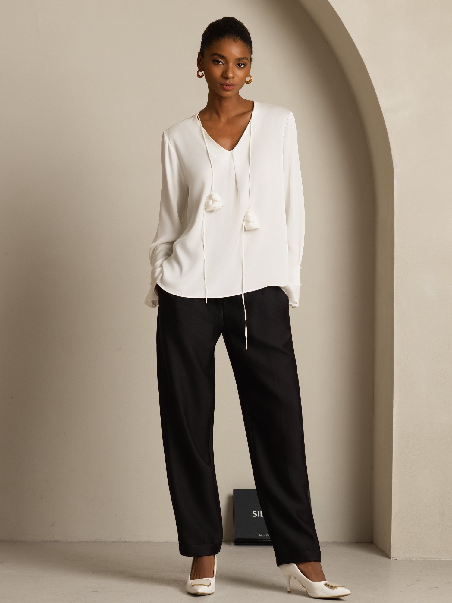 [Bianco] SilkSilky-IT 19Momme Seta Manica lunga Scollo a V Camicette 008