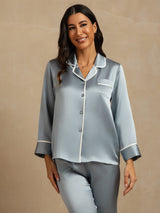 [Blu Grigiastro] SilkSilky-IT Long Sleeve Lapel Collar Pigiami da donna 009