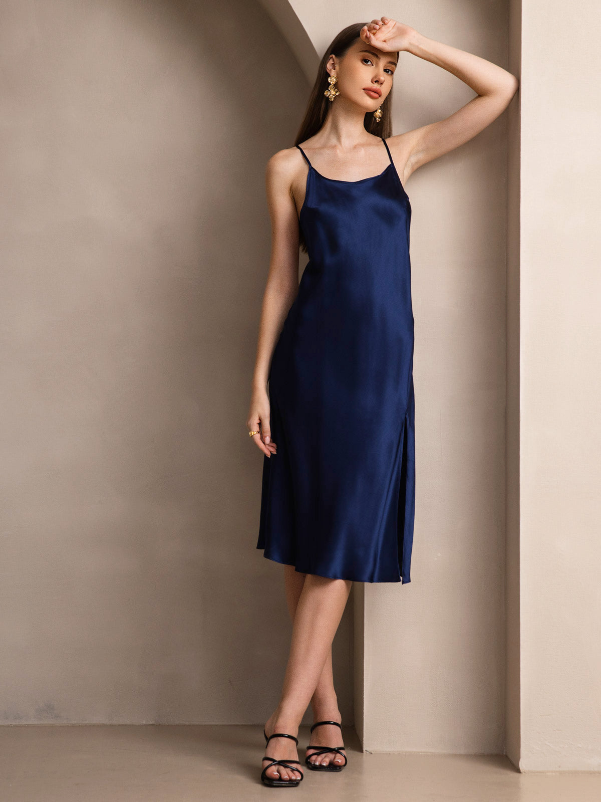 [Blu Scuro] SilkSilky-IT Seta pura Senza maniche Round Neck Vestiti da donna 006