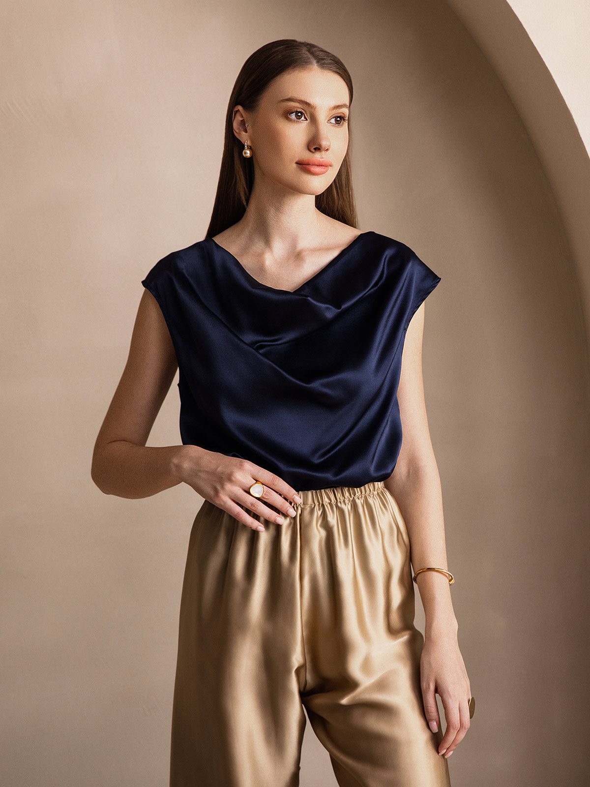 [Blu Scuro] SilkSilky-IT 19Momme Seta Collo drappeggiato Magliette donna 004