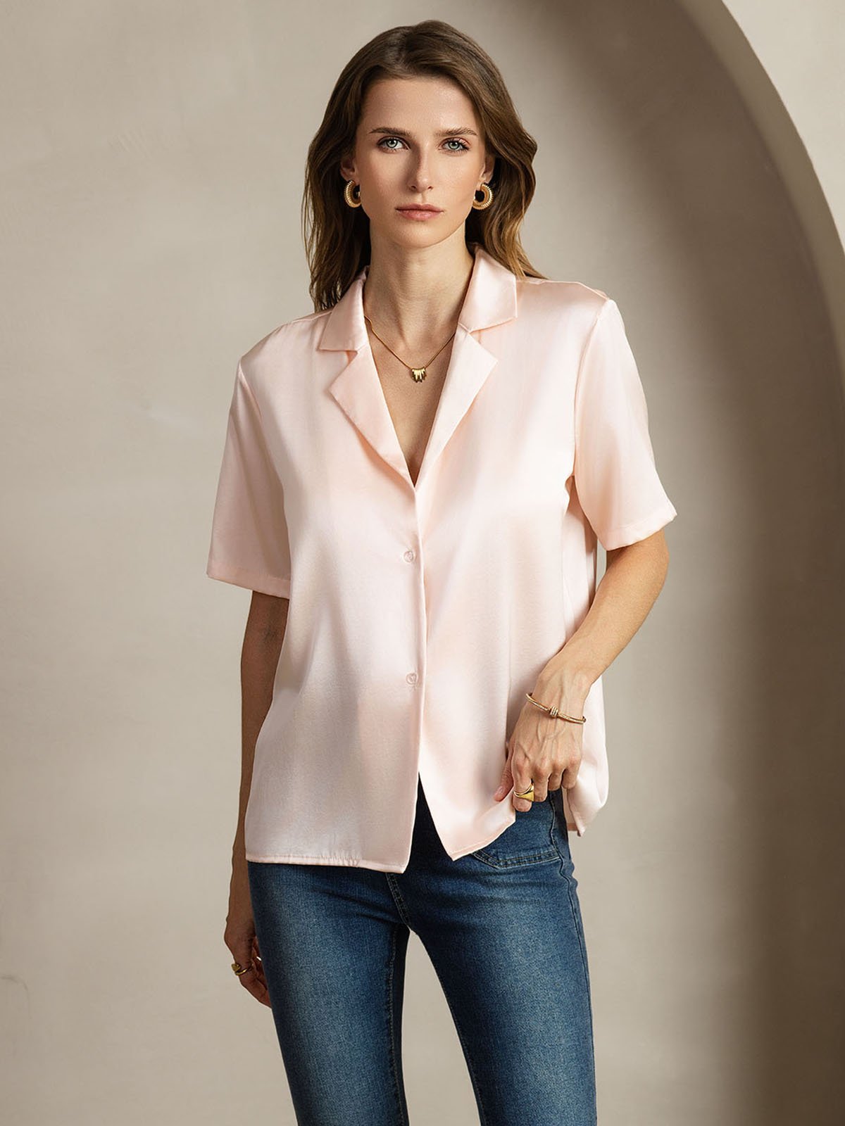 [Rosa] SilkSilky-IT 19Momme Seta Scollo a V dentellato Camicie da donna 005