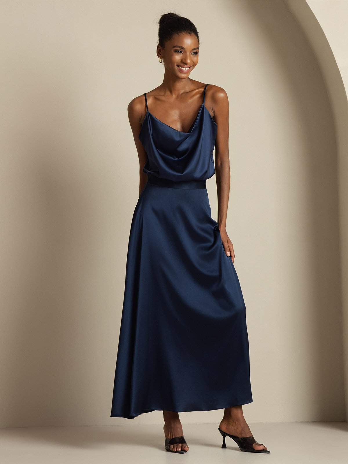 [Blu Scuro] SilkSilky-IT 19Momme Seta Collo drappeggiato Women''s Outfit Sets 006,