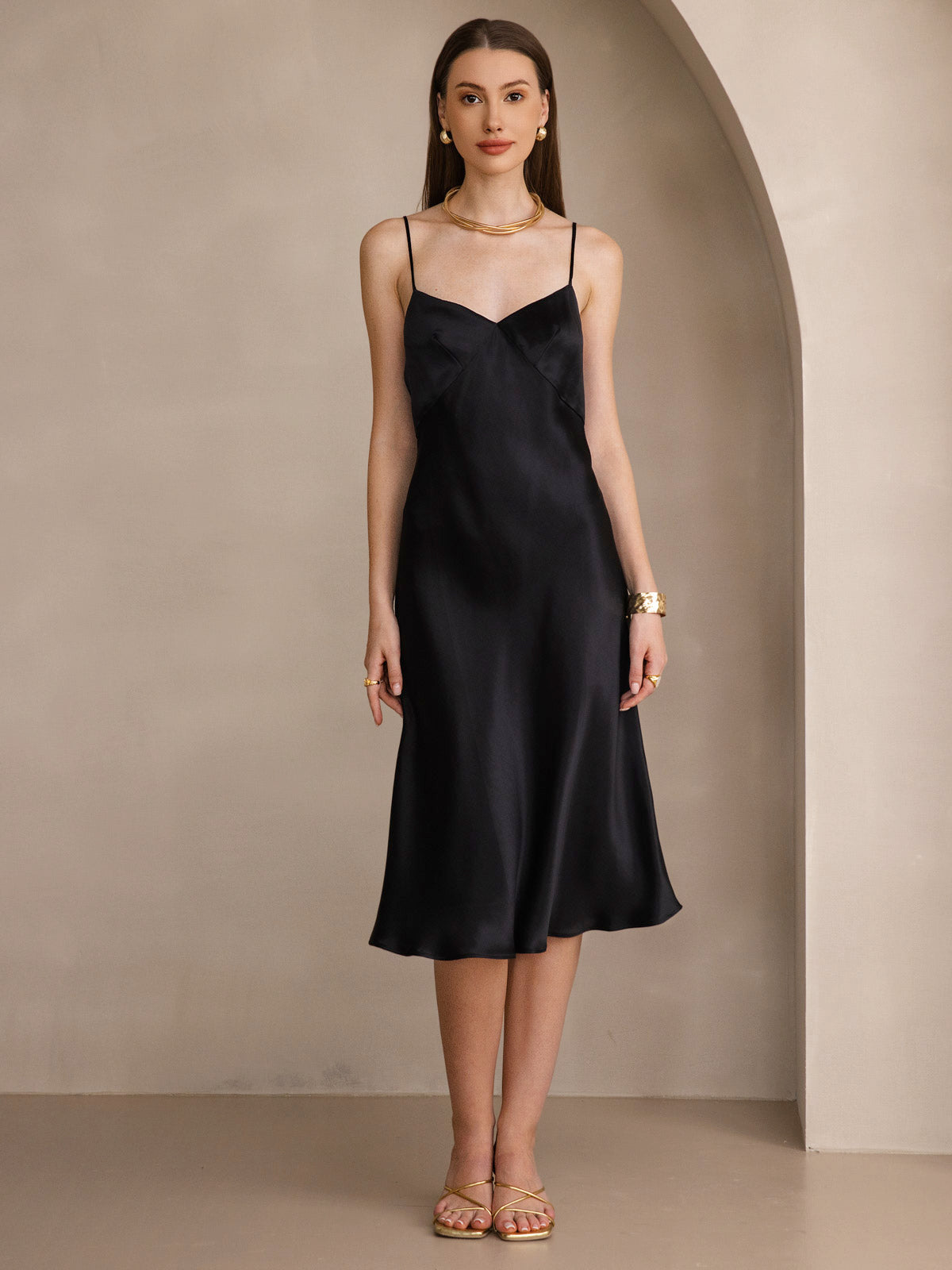[Nero] SilkSilky-IT 19Momme Seta pura Collo a V Vestiti da donna 004