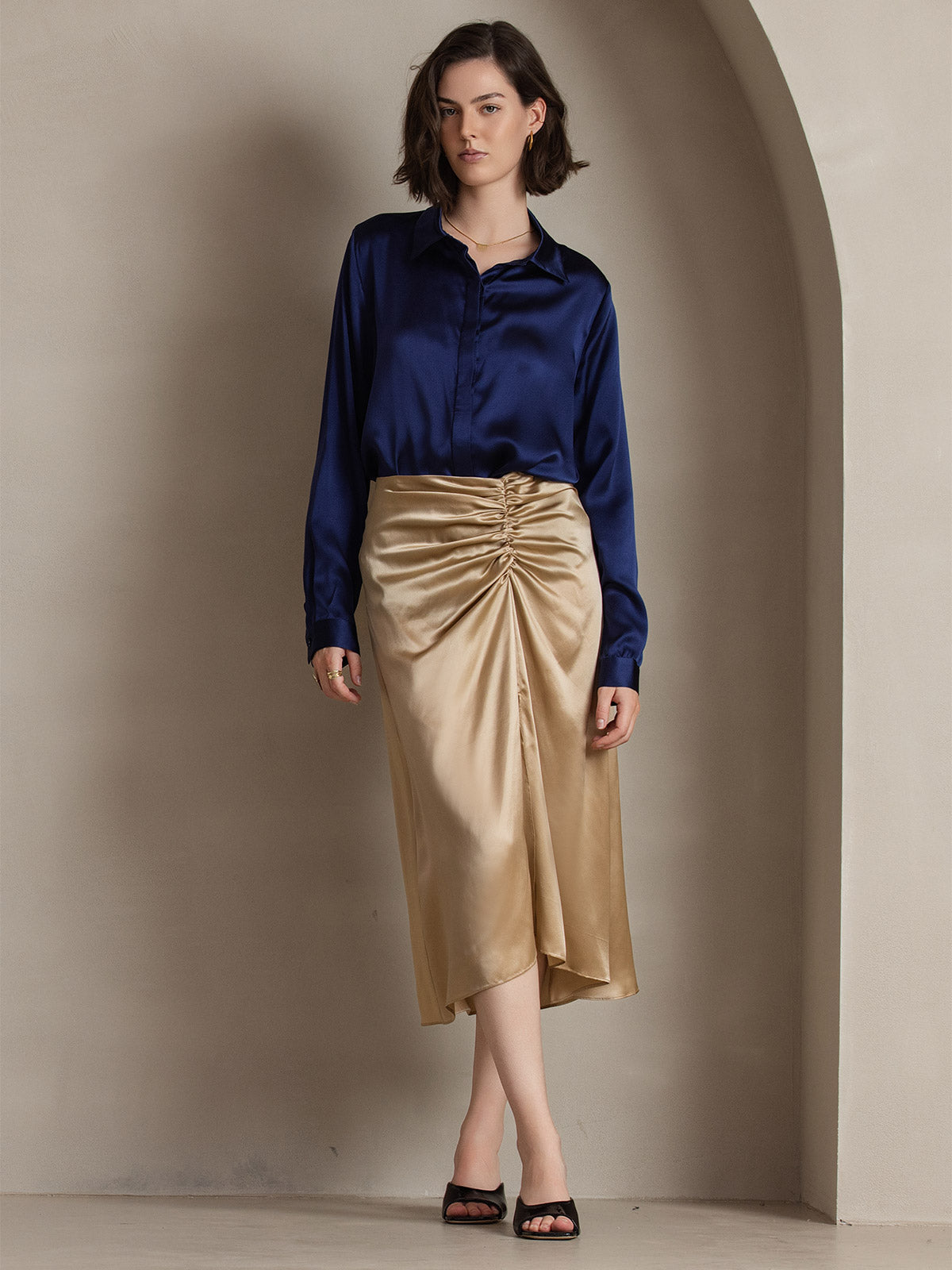 [Blu Scuro] SilkSilky-IT 19Momme Seta Lapel Collar Camicie da donna 004