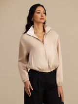 [MarroneChiaro+Rosa] SilkSilky-IT 18Momme Manica lunga Collo Alto Capispalla da donna 003