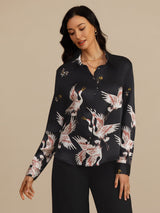 [Nero] SilkSilky-IT 19Momme Manica lunga Colletto con Revers Camicie da donna 006
