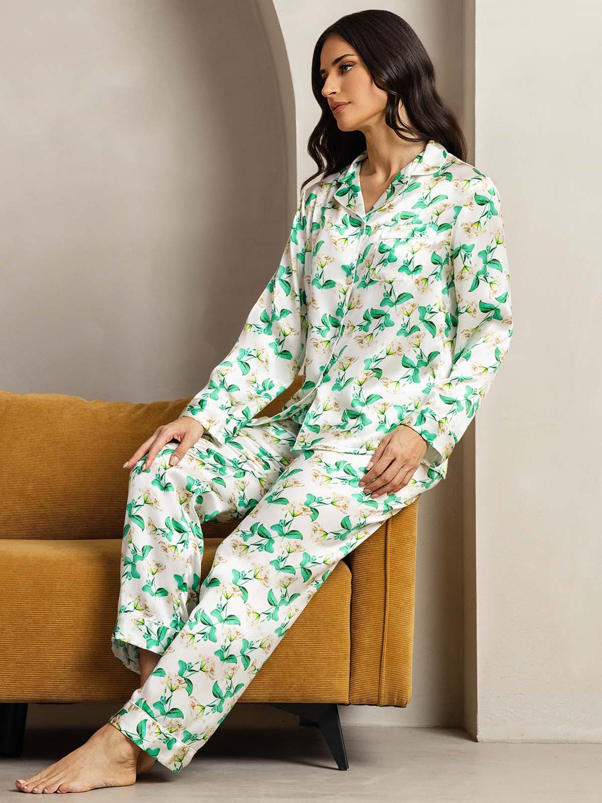 [Floreale Verde] SilkSilky-IT Seta pura Womens Pajamas 005
