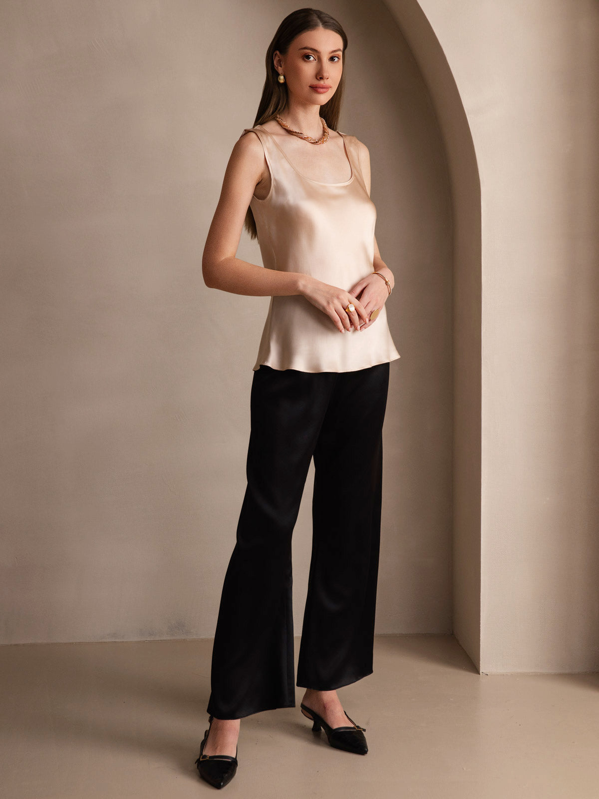 [Champagne] SilkSilky-IT 19Momme Senza maniche Scollo A Coppa Cami 006