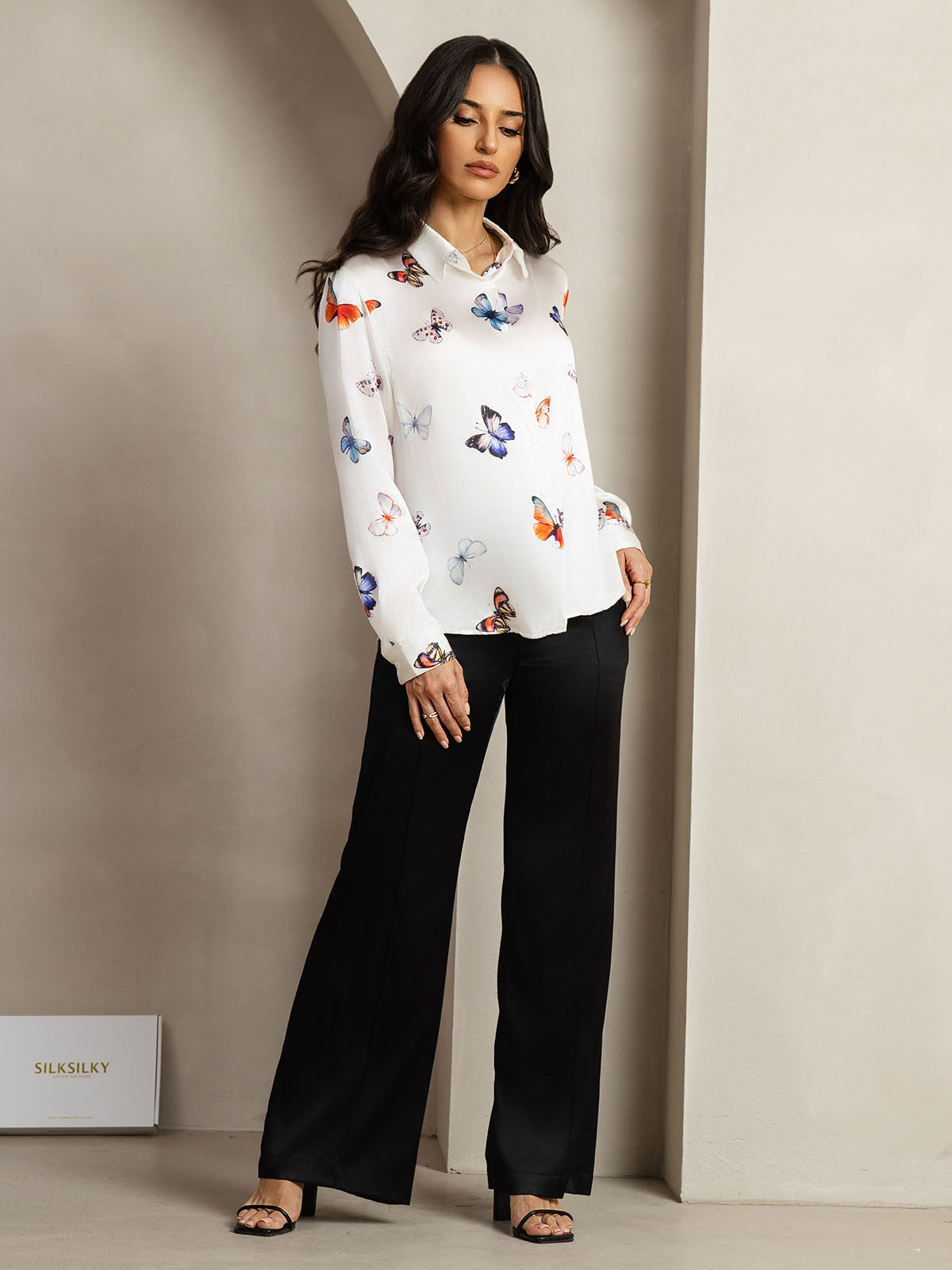 [Farfalla Bianca] SilkSilky-IT Manica lunga Colletto risvolto Camicie da donna 007