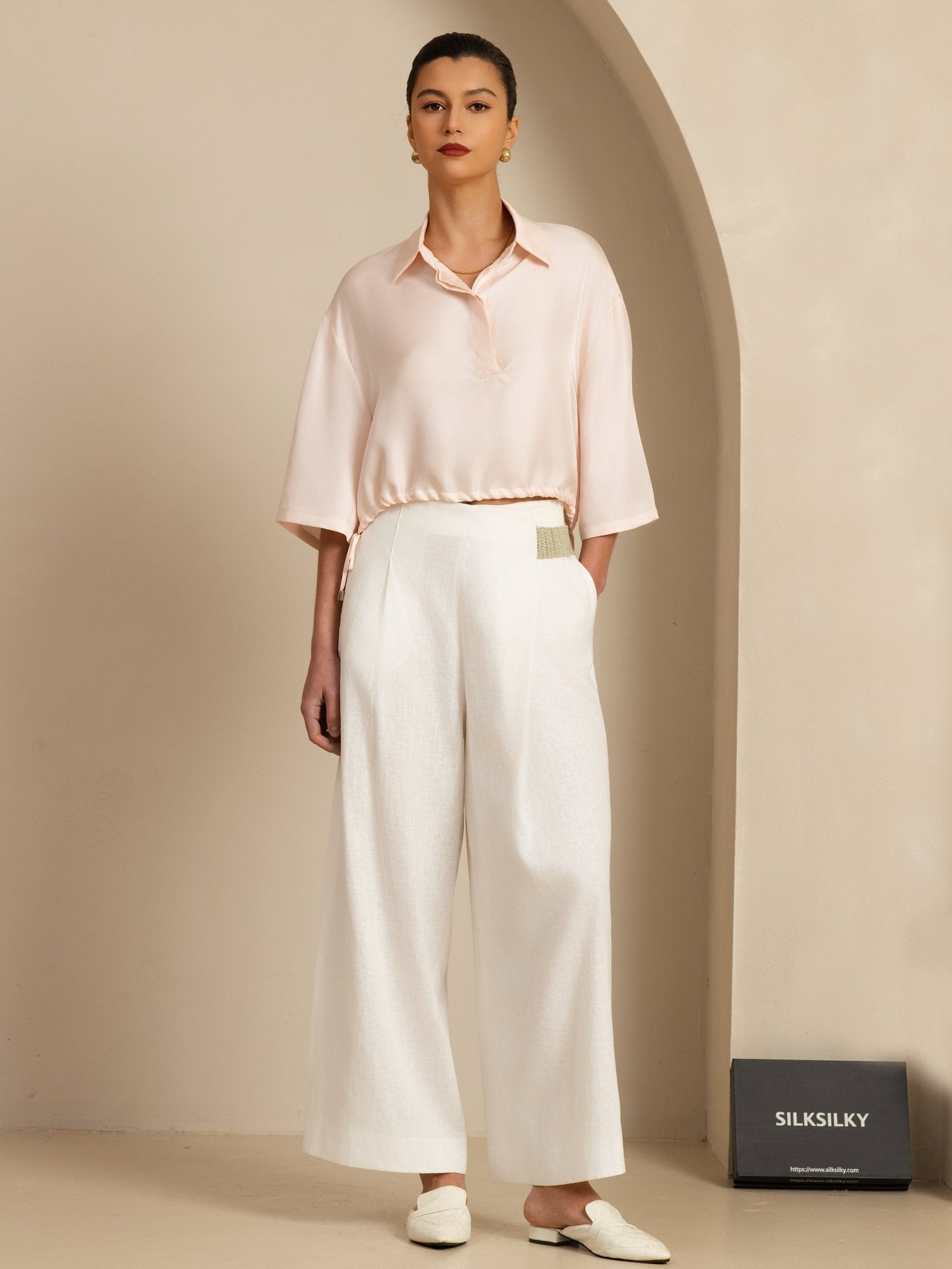 [Rosa] SilkSilky-IT 18Momme Manga media Colletto con Revers Camicette 007