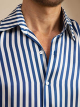[Righe Navy] SilkSilky-IT 19Momme Manica lunga Colletto con Revers Camicia da uomo 006