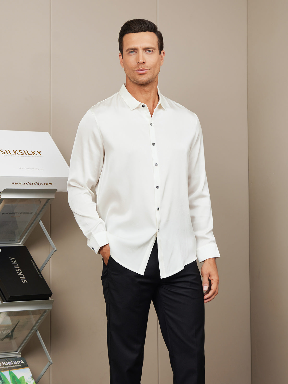 [Bianco] SilkSilky-IT Seta Colletto risvolto Camicia da uomo 001