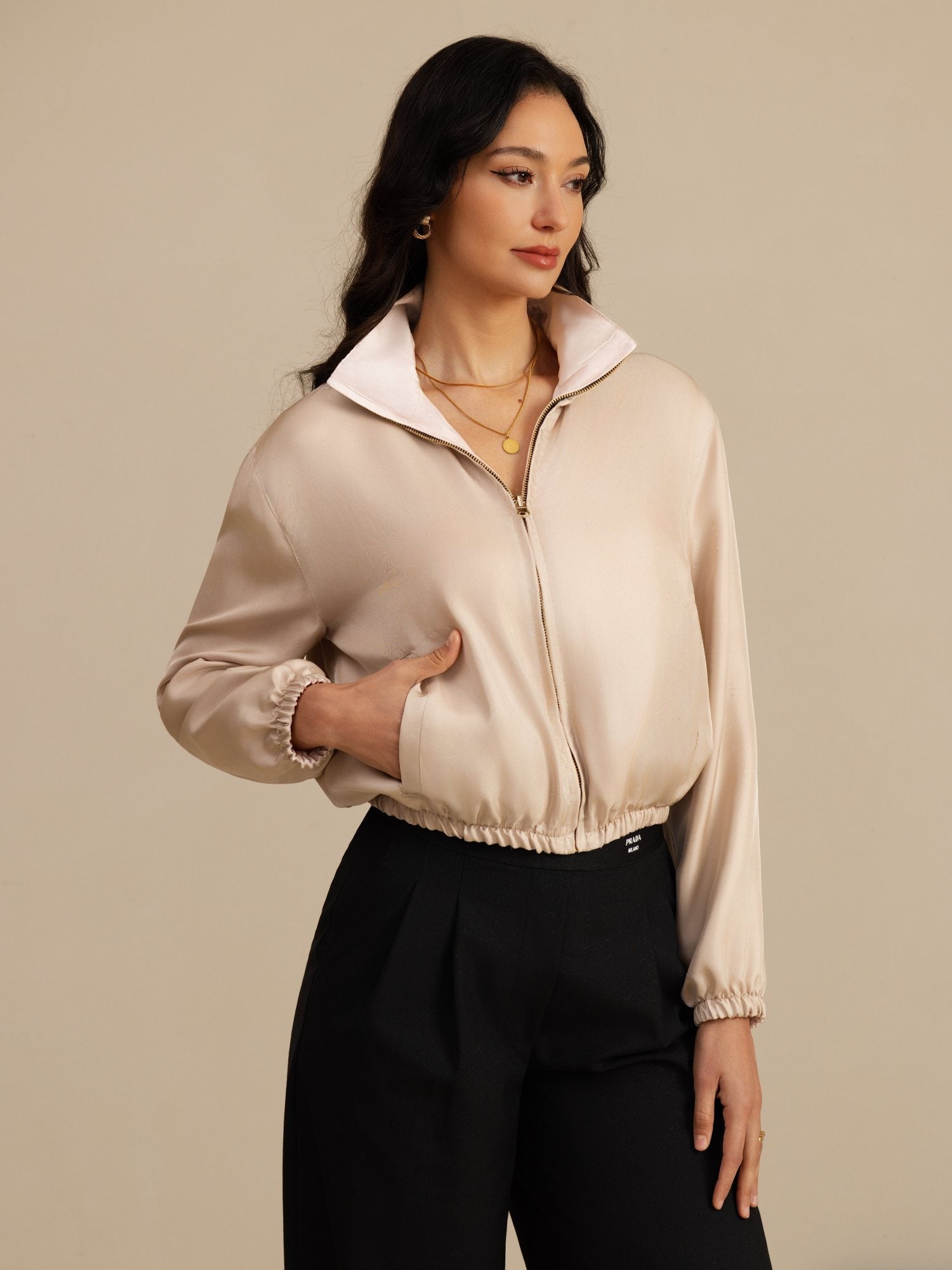 [MarroneChiaro+Rosa] SilkSilky-IT 18Momme Manica lunga Collo Alto Capispalla da donna 001