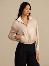 [MarroneChiaro+Rosa] SilkSilky-IT 18Momme Manica lunga Collo Alto Capispalla da donna 001