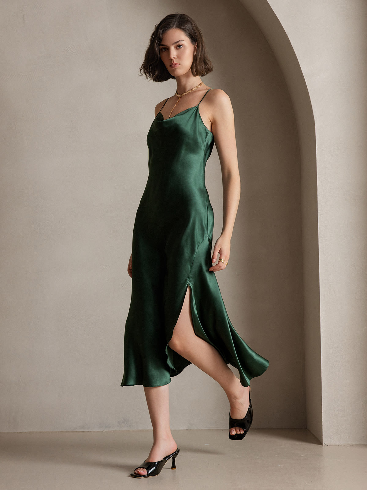 [Verde Scuro] SilkSilky-IT 19Momme Seta pura Collo drappeggiato Vestiti da donna 007
