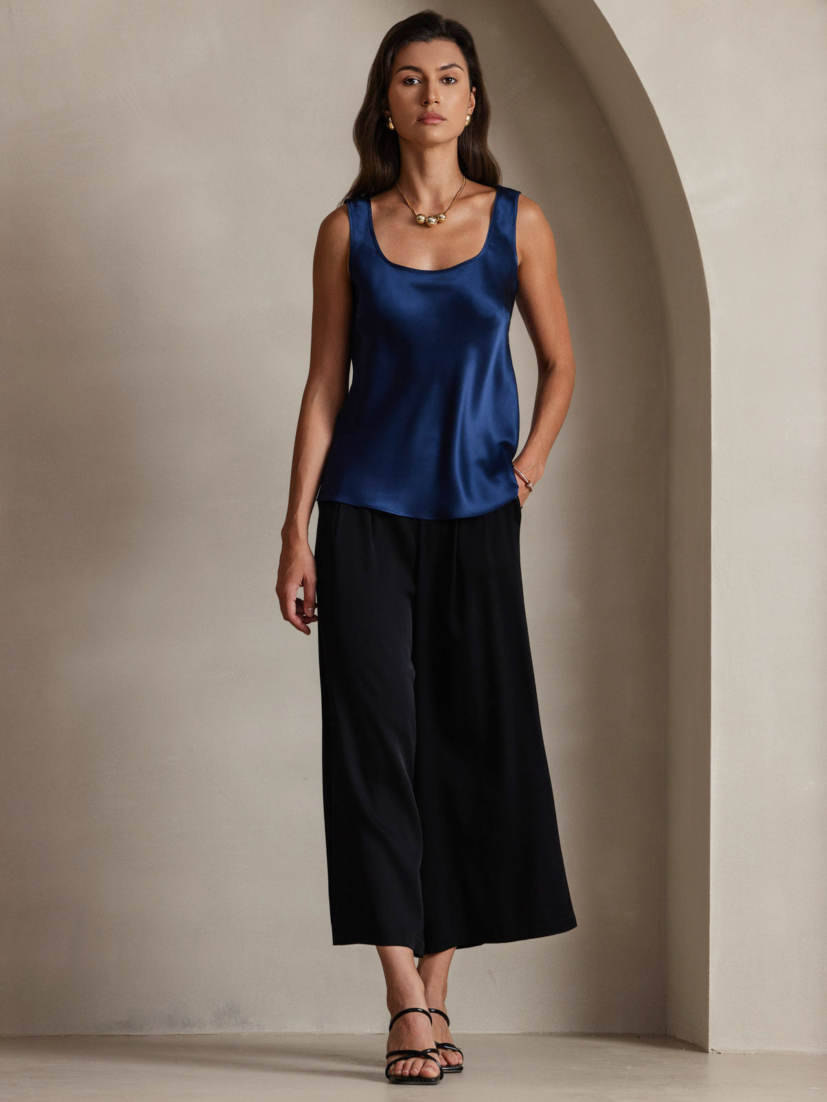 [Blu Scuro] SilkSilky-IT 19Momme Seta Collo a U Cami 007