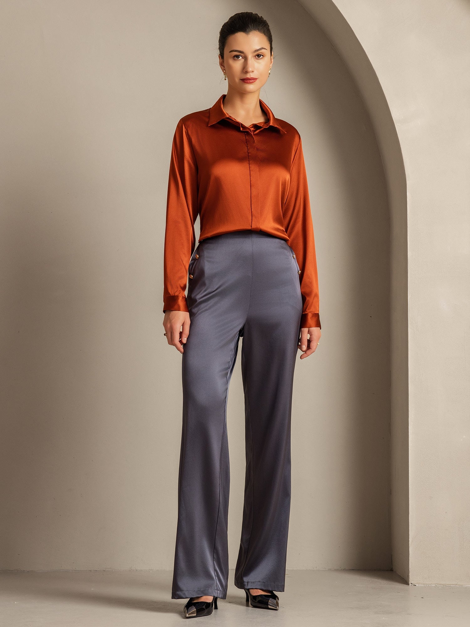 [Caramello] SilkSilky-IT 19Momme Seta Manica lunga Colletto risvolto Camicie da donna 008