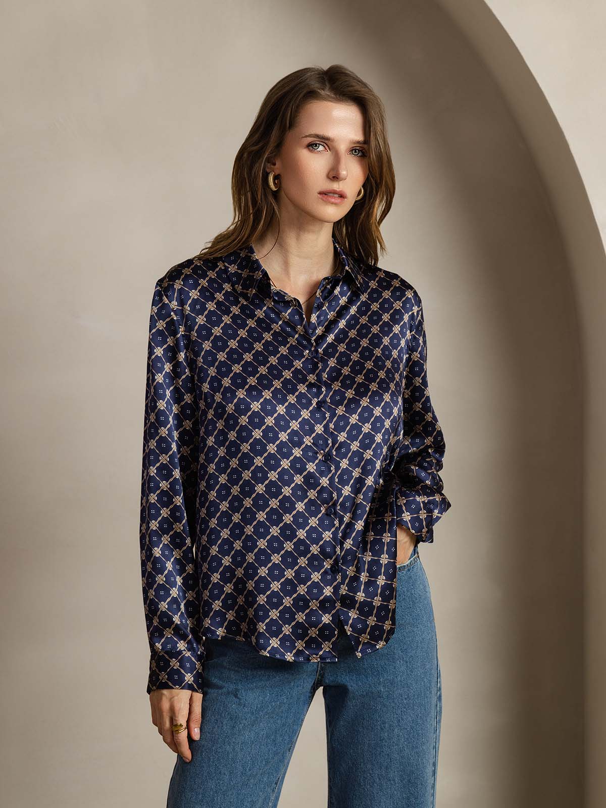 [Catena Blu Navy] SilkSilky-IT Seta Colletto risvolto Camicie da donna 001