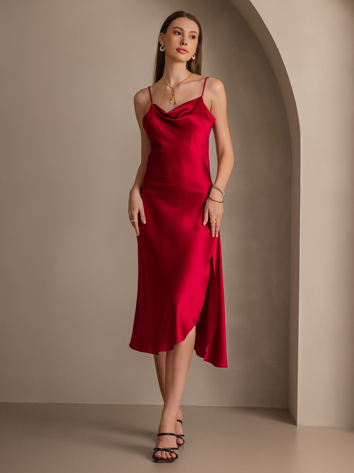 [Vino] SilkSilky-IT 19Momme Seta pura Collo drappeggiato Vestiti da donna 006
