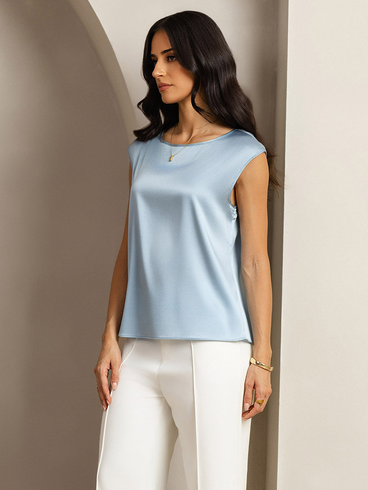 [Blu Grigiastro] SilkSilky-IT 19Momme Seta Womens T-Shirt 005