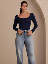 [Blu Scuro] SilkSilky-IT Long Sleeve Collo a U Magliette donna 004
