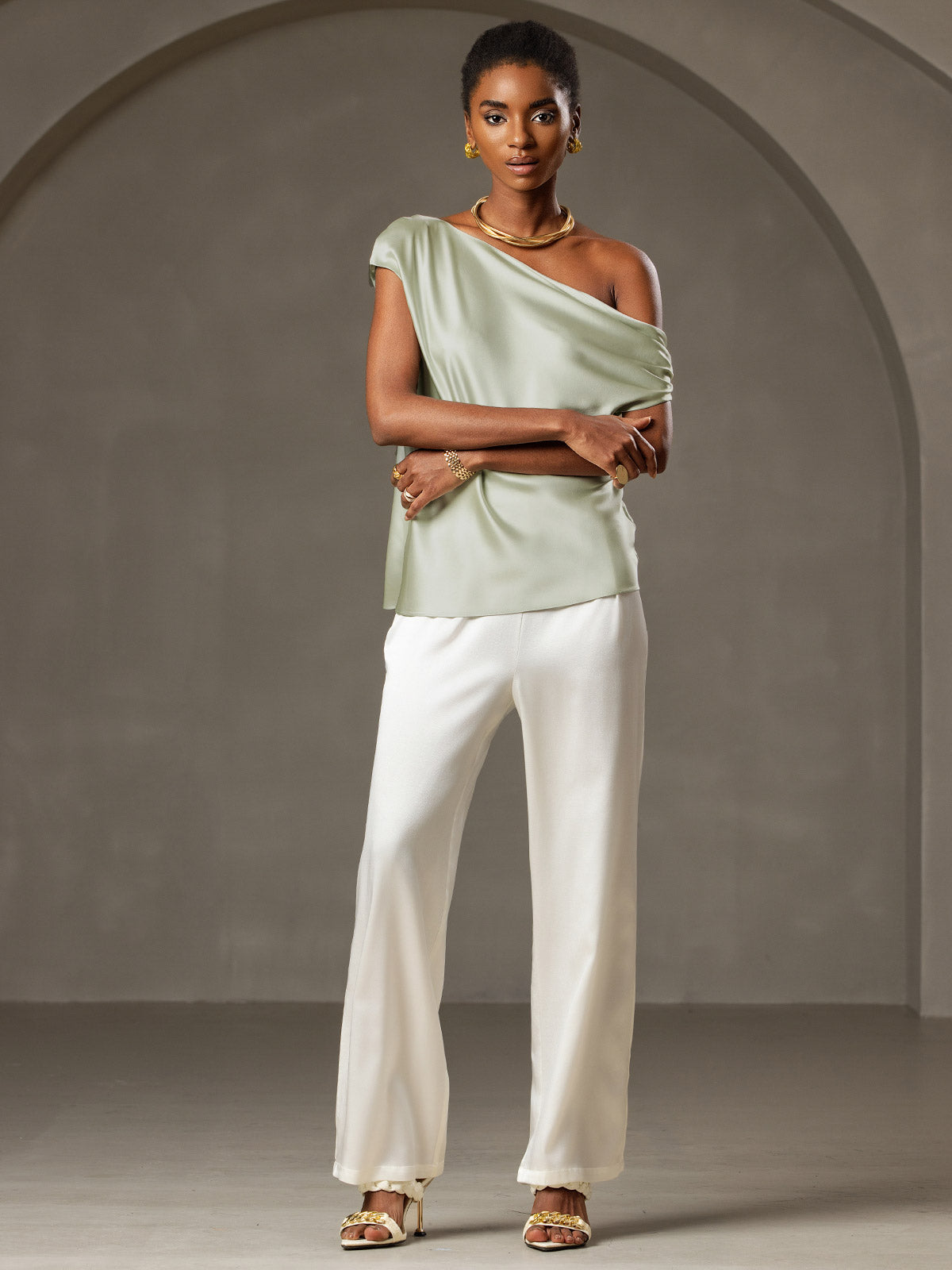 [Verde Chiaro] SilkSilky-IT 19Momme Seta Womens T-Shirt 005