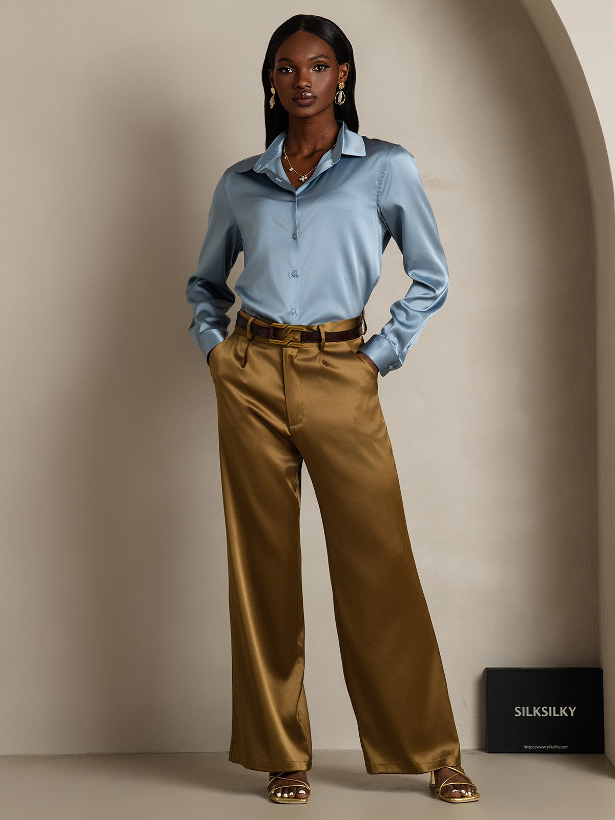 [Blu Grigiastro] SilkSilky-IT 19Momme Manica lunga Colletto con Revers Camicie da donna 005