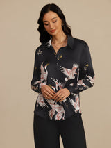 [Nero] SilkSilky-IT 19Momme Manica lunga Colletto con Revers Camicie da donna 004