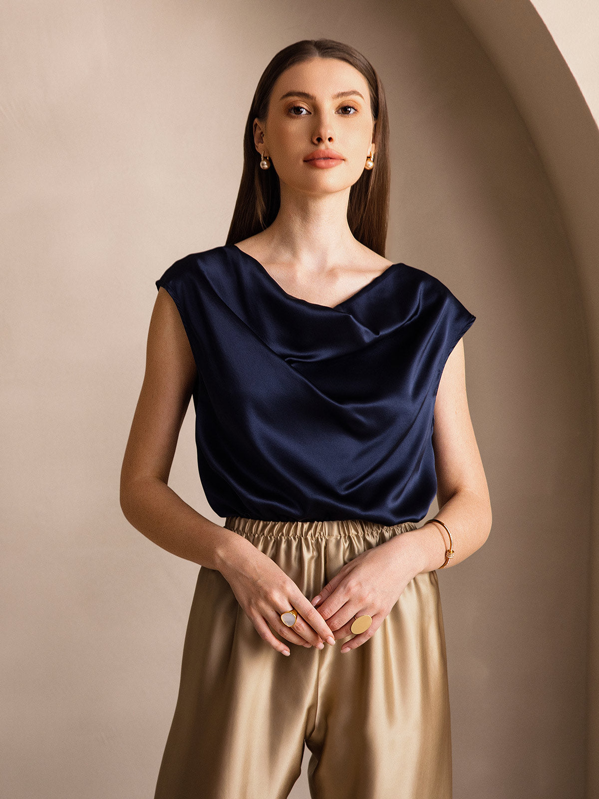 [Blu Scuro] SilkSilky-IT 19Momme Seta Collo drappeggiato Magliette donna 003