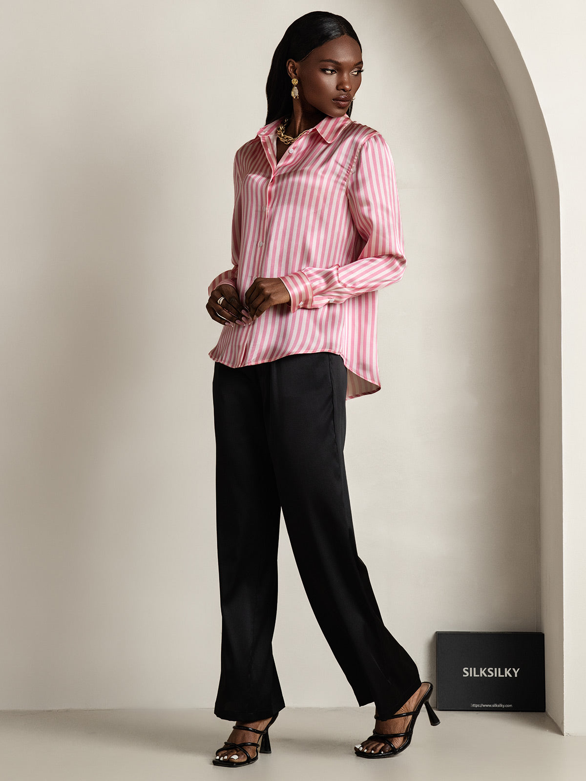 [Rosa] SilkSilky-IT Seta Colletto risvolto Camicie da donna 007