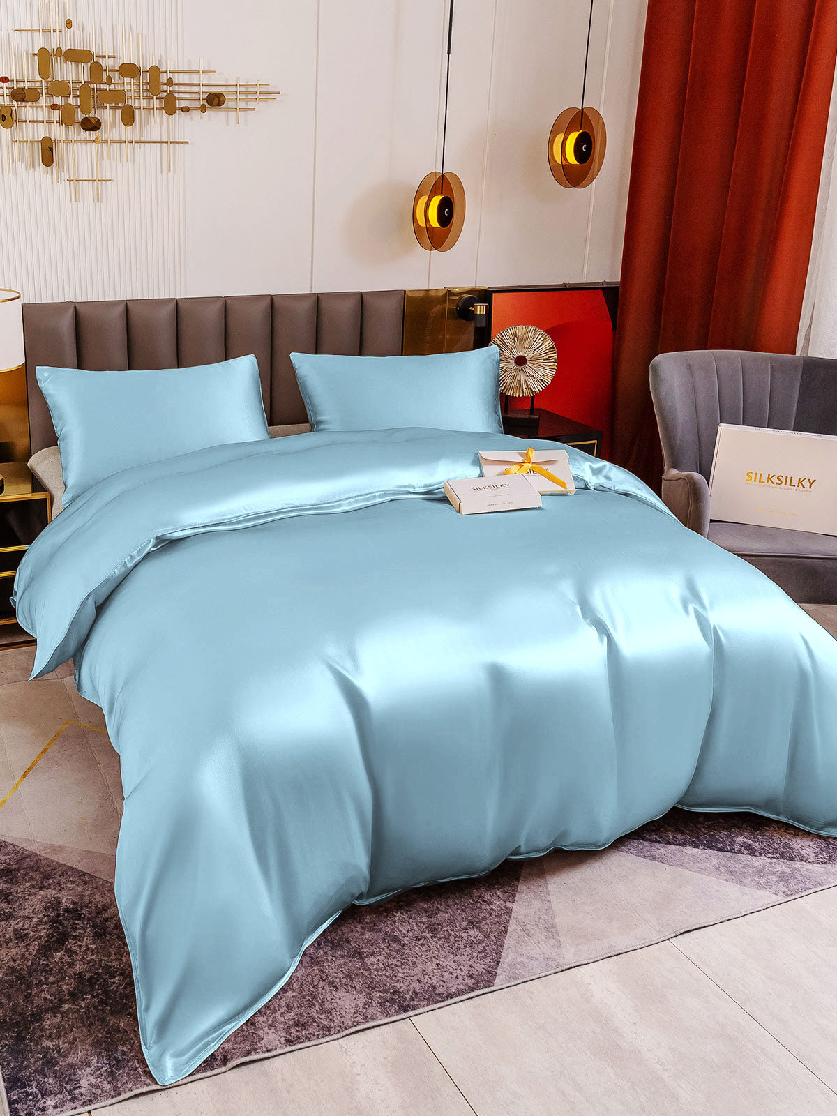 SilkSilky IT 19Momme Seta pura Bedding Set Azzurro 003