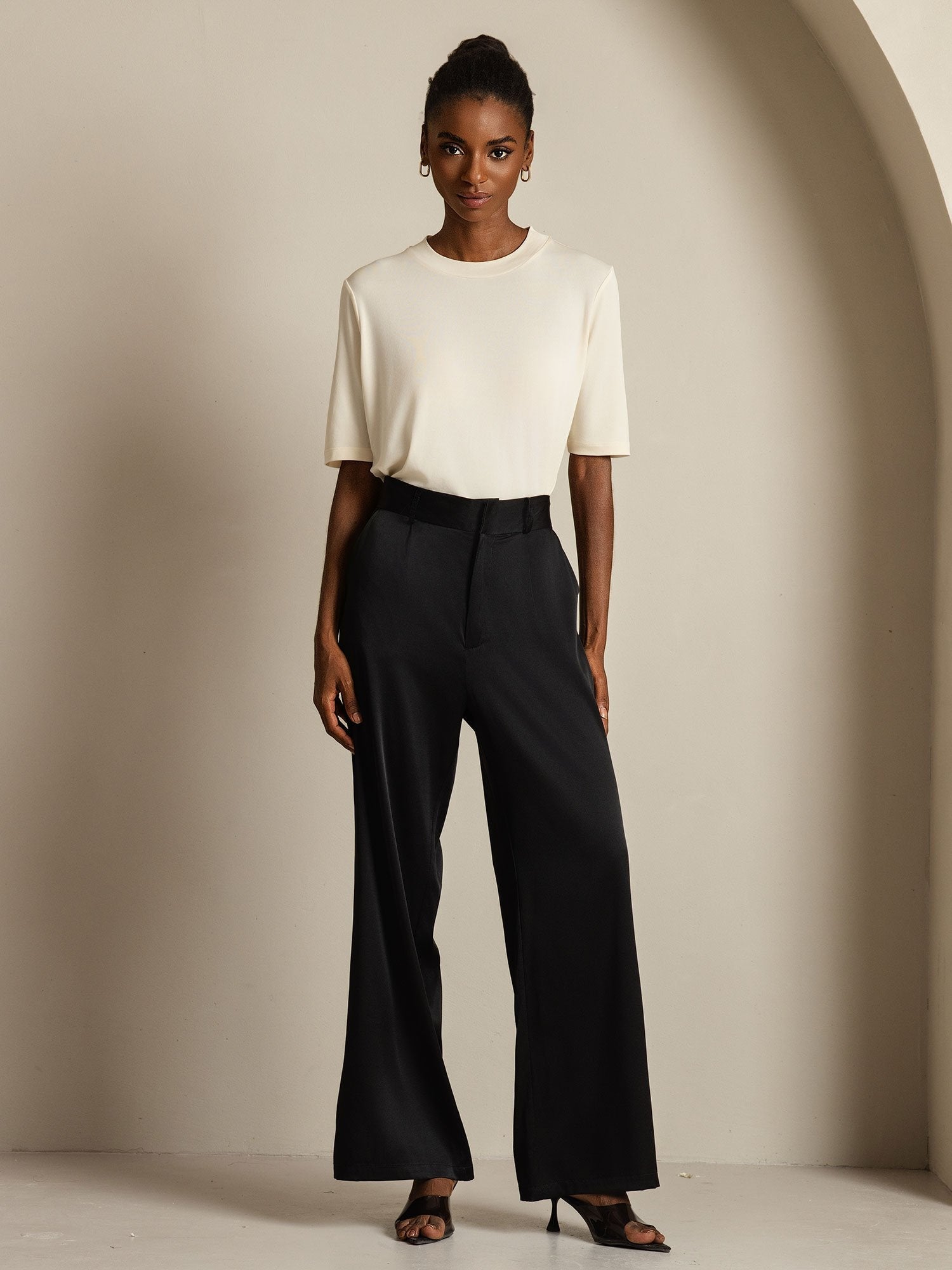 [Beige] SilkSilky-IT Seta pura Womens T-Shirt 008