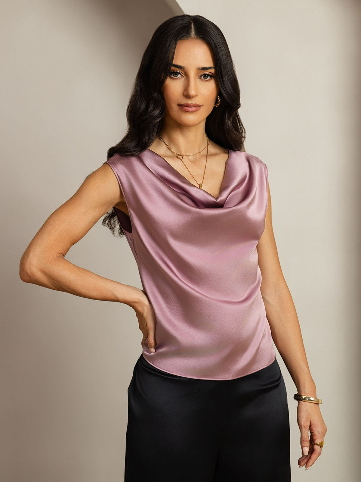 [Malva Pallido] SilkSilky-IT 19Momme Seta Collo drappeggiato Magliette donna 001