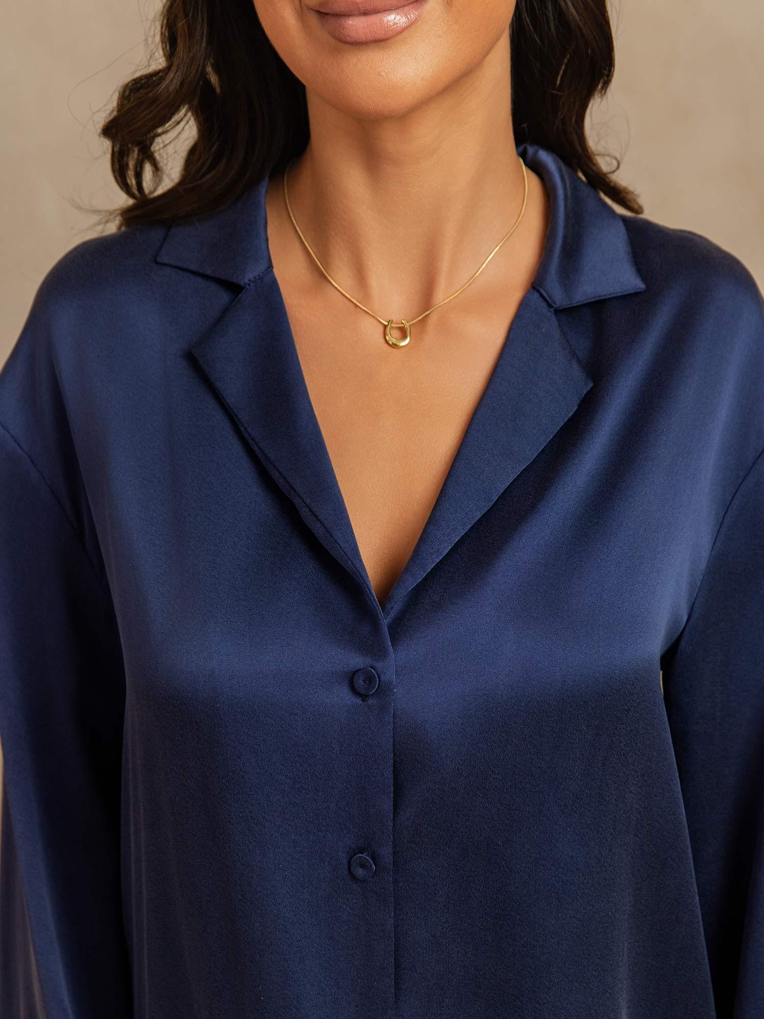 [BluScuro] SilkSilky-IT 19Momme Seta Scollo a V dentellato Pigiami da donna 004