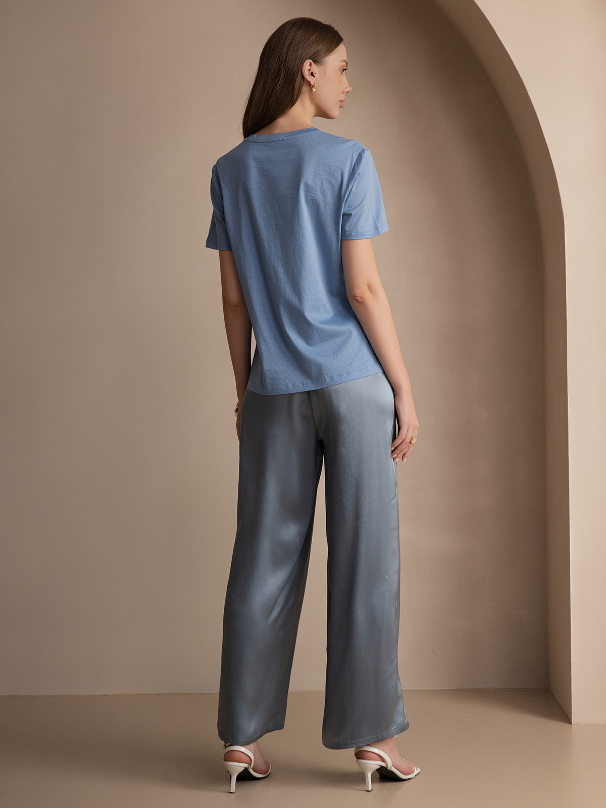 [Blu] SilkSilky-IT Maglia di seta Maniche Corte Round Neck Magliette donna 002