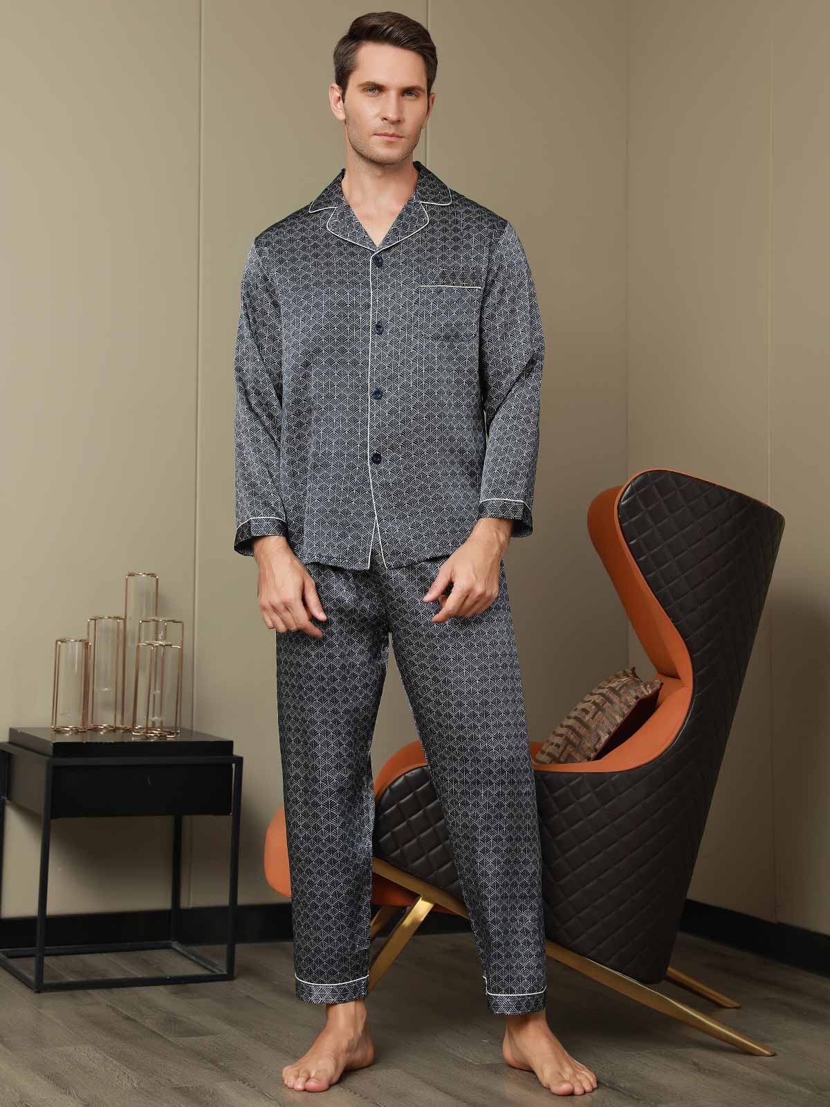 [Ginkgo Blu Navy] SilkSilky-IT 19Momme Seta pura Mens Pajamas 007
