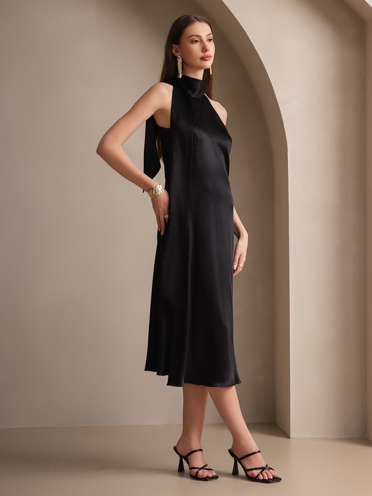 [Nero] SilkSilky-IT 19Momme Seta Senza maniche Nodo al collo Vestiti da donna 007