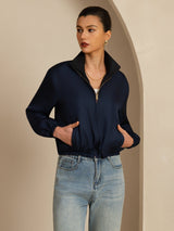 [Nero+BluScuro] SilkSilky-IT 18Momme Manica lunga Collo Alto Capispalla da donna 001